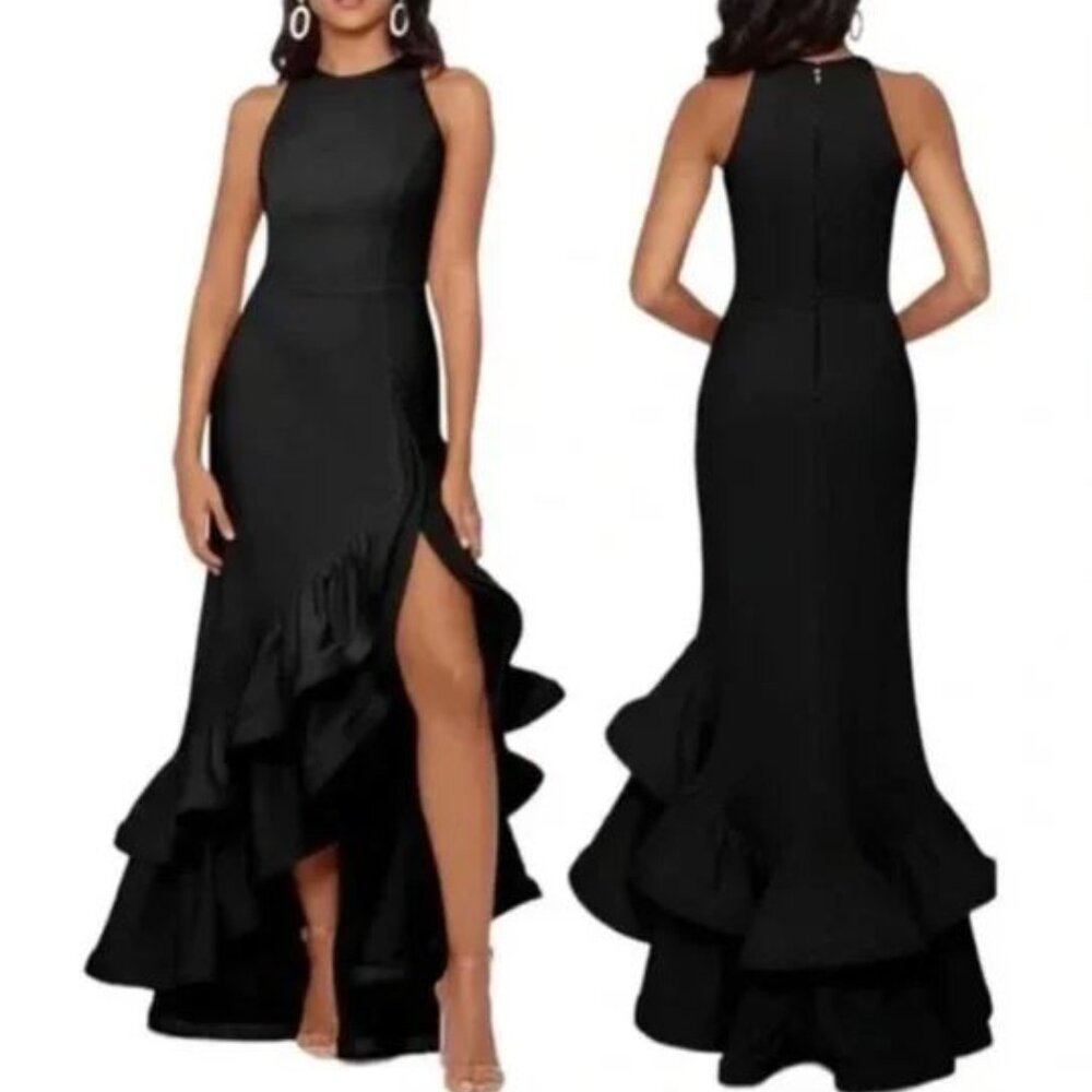 Betsy & Adam Ruffle Halter Crepe Gown